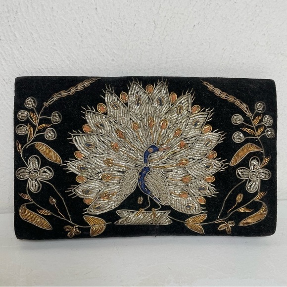 Vintage Mid-Century Modern Zadozi Embroidered Velvet Peacock Clutch Made India - Picture 17 of 17